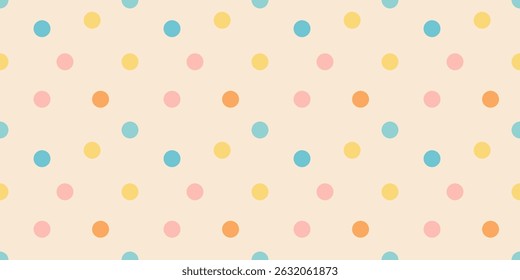 Seamless pattern with colorful pastel polka dots on a soft beige background. Minimalistic flat design, soft and cheerful color palette, repeating background
