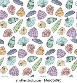 Seamless pattern with colorful pastel seashell without background.