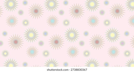 A Seamless pattern with colorful pastel starbursts and spiky floral shapes on a light pink background .