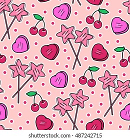 Seamless pattern with colorful patch badges pins with cherries, star-shaped lollipops, heart-shaped sweets and red confetti. Sweet adorable girlish vector wallpaper.