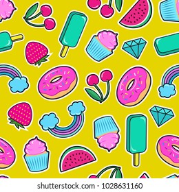 Seamless pattern with colorful patches. Stickers of ice cream, cherry, strawberry, rainbow, donut, cupcake, diamond etc on yellow background. Fashion cool patches and stickers. Vector illustration