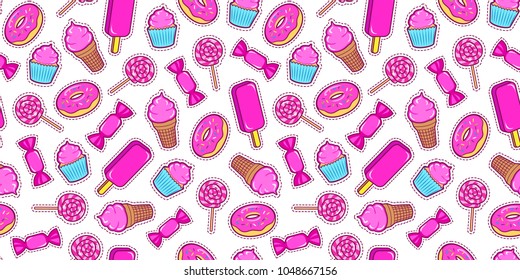 Seamless pattern with colorful patches. Stickers of sweet food: ice cream, candy, donut, cupcake etc on white background. Fashion cool patches and stickers. Vector illustration