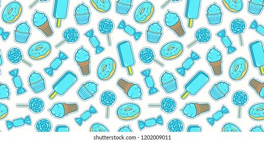 Seamless pattern with colorful patches. Stickers of sweet food: ice cream, candy, donut, cupcake etc on white background. Fashion cool patches and stickers. Vector illustration