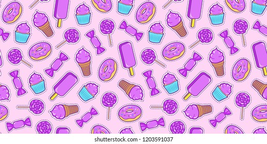 Seamless pattern with colorful patches. Stickers of sweet food: ice cream, candy, donut, cupcake etc on pink background. Fashion cool patches and stickers. Vector illustration