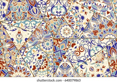 Seamless pattern with colorful patchwork. Vintage multicolor pattern in turkish style. Endless pattern can be used for ceramic tile, wallpaper, linoleum, textile, web page background. Vector.