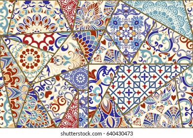 Seamless pattern with colorful patchwork. Vintage multicolor pattern in turkish style. Endless pattern can be used for ceramic tile, wallpaper, linoleum, textile, web page background. Vector.