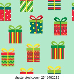 seamless pattern colorful patterned presents with bows on light green background is great for festive designs or wrapping paper. Perfect for gift related projects.