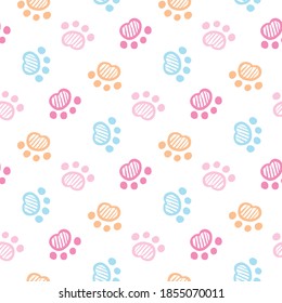 Seamless Pattern with Colorful Paw Design on White Background