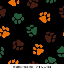 Seamless pattern with colorful paws and black background