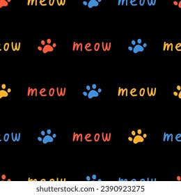 Seamless pattern with colorful paws and meow text