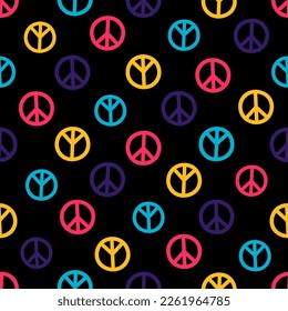 Seamless pattern with colorful peace symbol and black background