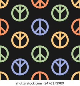 Seamless pattern with colorful peace symbols and black background