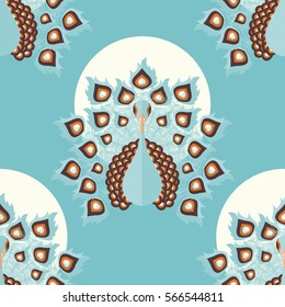 Seamless pattern with colorful peacock birds and feathers, hand drawn, vector illustration