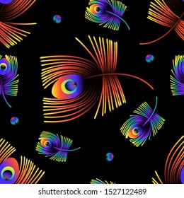 Seamless pattern of colorful peacock feathers on a black background. Colorful gradient overflows. Vector illustration.