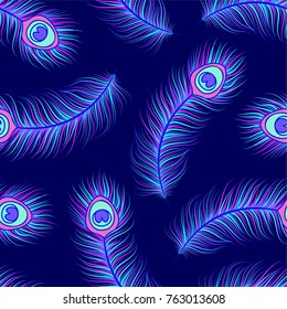 Seamless pattern with colorful peacock feathers on dark blue background