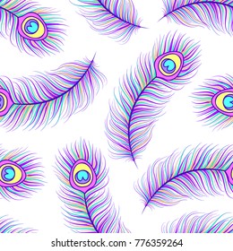 Seamless pattern with colorful peacock feathers on white background