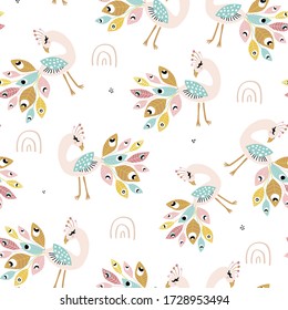 Seamless pattern with colorful peacoks and rainbows. Creative childish texture. Great for fabric, textile Vector Illustration