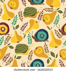 seamless pattern with colorful pear and snail. Vector, illustration.