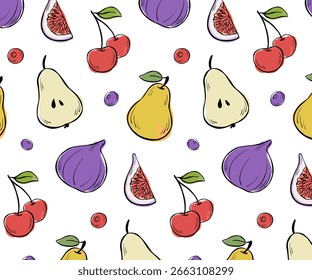 Seamless pattern with colorful pears, figs, cherry and blueberries. Summer fruits design for wrapping paper, fabric, or packaging. Vector line illustration with watercolor stains on white background.