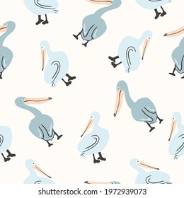 Seamless pattern colorful pelicans for design on a light background. Vector illustration