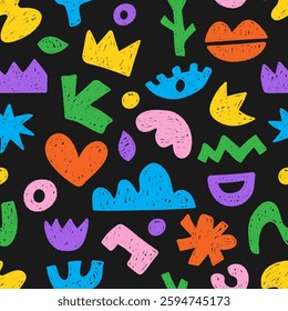 Seamless pattern with colorful pencil drawn various shapes. Abstract background with funky geometric objects in a naive style. Great for textile, fabric, wallpaper, wrapping, scrapbook and packaging