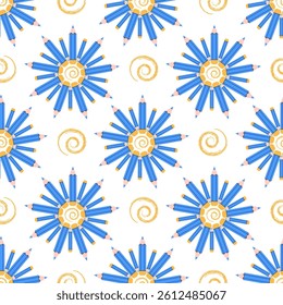Seamless pattern of colorful pencils arranged in circular flowers on white background.