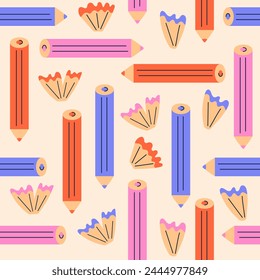 Patrón sin costuras con lápices de colores. Ilustración plana de Vector de Elementos de vuelta a la escuela.