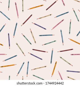Seamless pattern with colorful pencils background elements, in doodle style. Design template for wallpaper, wrapping, fabric, textile, web, banner, poster.