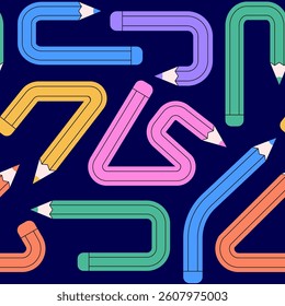 Seamless pattern of colorful pencils bent into abstract shapes on a dark blue background.