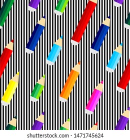 Seamless pattern with colorful pencils and black and white lines. Vector graphic illustration suitable for background.