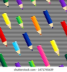Seamless pattern with colorful pencils and black and white lines. Vector graphic illustration suitable for background.