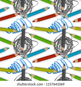 Seamless pattern with colorful pencils, Childs hand drawn background isolated on white, vector illustrations