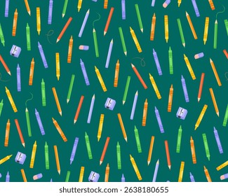 Seamless pattern, colorful pencils, crayons and sharpeners, stationery on a dark green background. Cute childish ornament for fabric, paper, print.