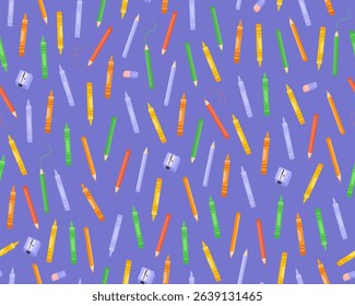 Seamless pattern, colorful pencils, crayons and sharpeners, stationery on a blue background. Cute childish ornament for fabric, paper, print.