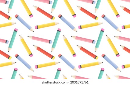 Patrón sin foco con lápices de colores. Ilustración vectorial de estilo plano para tarjetas de felicitación, impresión, regreso a la escuela, banner, fiesta, negocio, etc. Diseño de patrones de lápiz.