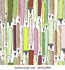 Seamless pattern with colorful pencils and markers on white background