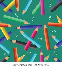 Patrón sin fisuras de lápices de colores esparcidos sobre un fondo verde. Ilustración vectorial.