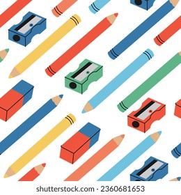 Seamless pattern with colorful pencils, sharpeners and eraser on white background. Stationery, education or drawing supplies. vector flat illustration