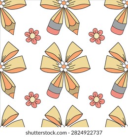Seamless Pattern with Colorful Pencils Tied with Floral Bows and Small Flowers, Cute Back to School Vector Illustration, Repeating School Design for Fabric, Wallpaper, Textile and Wrapping Paper