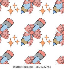 Seamless Pattern with Colorful Pencils Tied with Floral Bows and Small Flowers, Cute Back to School Vector Illustration, Repeating School Design for Fabric, Wallpaper, Textile and Wrapping Paper
