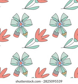 Seamless Pattern with Colorful Pencils Tied with Floral Bows and Decorative Flowers, Back to School Vector Illustration, Repeating School Design for Fabric, Wallpaper, Textile, Wrapping Paper and Stationery