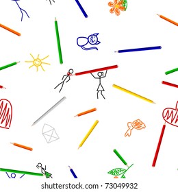Seamless pattern with colorful pens and children's drawings