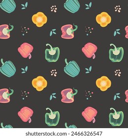 Patrón sin costuras con pimienta colorida en estilo vivero. Fondo oscuro. Perfecto para el diseño de ropa de bebé y niños. Textiles para el hogar, estampado de tela, baby shower, diseño de papel de envoltura y Fondo de pantalla.