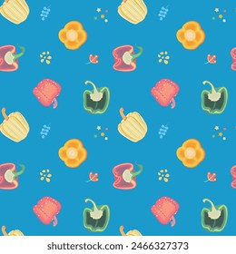 Seamless pattern with colorful pepper in nursery style. Blue background. Perfect for baby and children's clothing design. Cover design, fabric print, baby shower, wrapping paper design and wallpaper.