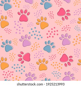 Seamless pattern with colorful pets paws. Cat or dog footprint outline cute background with dots on pink. Animal backdrop for pet shop, vet, textile, children design, paper.