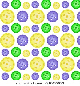 Seamless pattern with colorful pickleball balls. Pickleball Sports equipment for outdoor games. Backdrop for banners, print for sportswear, paper, fabrics. Vector illustration