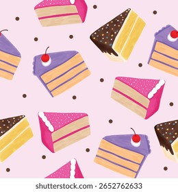 Seamless pattern with colorful pieces of cake, vector hand drawn illustration. Cheerful design ideal for packaging, textile prints, party supplies, greeting cards, and bakery branding.