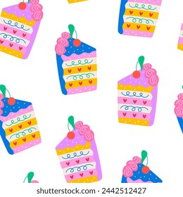 Seamless pattern with colorful pieces of cakes and cherries. Vector flat background. Birthday holiday concept