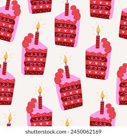 Seamless pattern with colorful pieces of cakes and candles. Vector flat background. Birthday holiday concept	