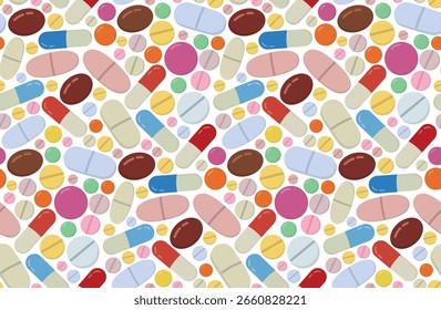 Seamless pattern of colorful pills and capsules. Background with different types of medicine